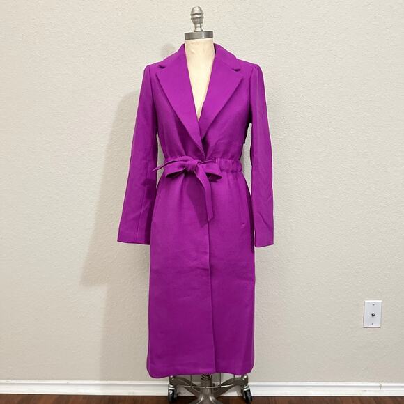 J.CREW Coat Magenta Belted Tie Waist Lined Wool Overcoat Preppy Chic